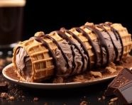 A photo of a chocolate ice cream with nuts and wafer rolls on the stylish glass