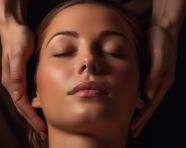A close up of a persons face as they receive a massage
