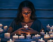 Woman relaxing in candlelit bathtub
