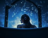 A person is sitting in a bathtub surrounded by bubbles