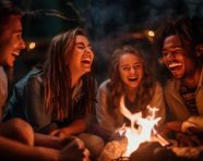 Friends making memories around campfire