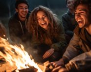 A group of friends laughing and talking around a campfire