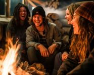 Friends laughing and talking at night