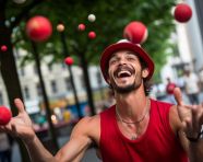 Juggler juggling 3 balls in mid-air