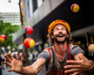The performer is a juggler and they are juggling three balls in the air