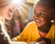 A volunteer is helping a child learn to read the volunteers face