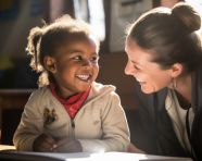 Child learning to read with volunteer