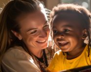 Volunteer assisting child with reading