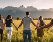 A group of people are standing in a field