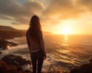 A young woman stands on a cliff overlooking the ocean