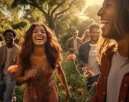 Friends walking through green park