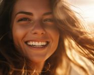 A close up of a womans face she is smiling