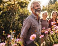 A group of people are walking through a park