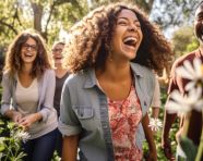People are walking through a park they are all smiling
