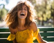 Woman laughing on park bench