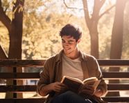 Young person reading a book on a park bench
