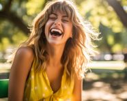 Woman sitting on a bench in a park smiling and laughing