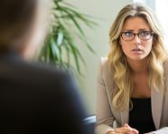 A young woman sits in a therapists office