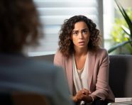 Therapist talks to young woman