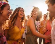 A group of friends laughing and dancing in the street