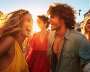 Friends laughing and dancing in the street