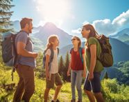 Happy family trekking in the woods