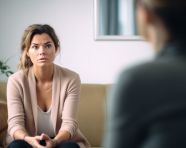 Therapists office woman pondering