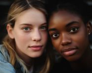 A close up portrait of two friends