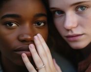 Two friends sharing a secret smile