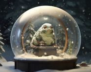 A frog in a snow globe with snow falling around it