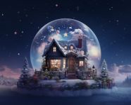 Shows a snow globe filled with a house
