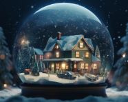 An icy snow globe with little houses inside