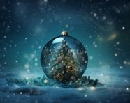 A christmas ball with a tree has been placed in a snowy background
