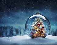 An ornament with a christmas tree on it is sitting on snow