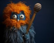 An orange head on a blue and orange toy