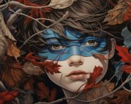 Girl with leaves on her face