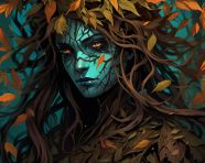 A painting of a woman with leaves