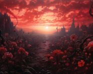 Oil painting of flowers and sunset