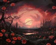 An intense oil painting with flowers and a sunset