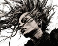 Woman with long flowing hair in black and white