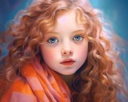 Girl with long curly hair in an orange scarf looking at camera