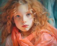 Portrait of a young girl with long curly hair wearing an orange scarf