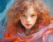 Painting of a young girl with long curly hair wearing an orange colored scarf