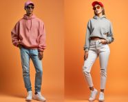 Normcore fashion model in different outfits
