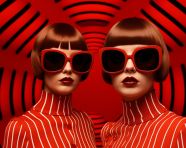 Confident woman in red outfit and sunglasses