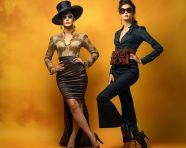 Elegant 1910s fashion model in full body dress